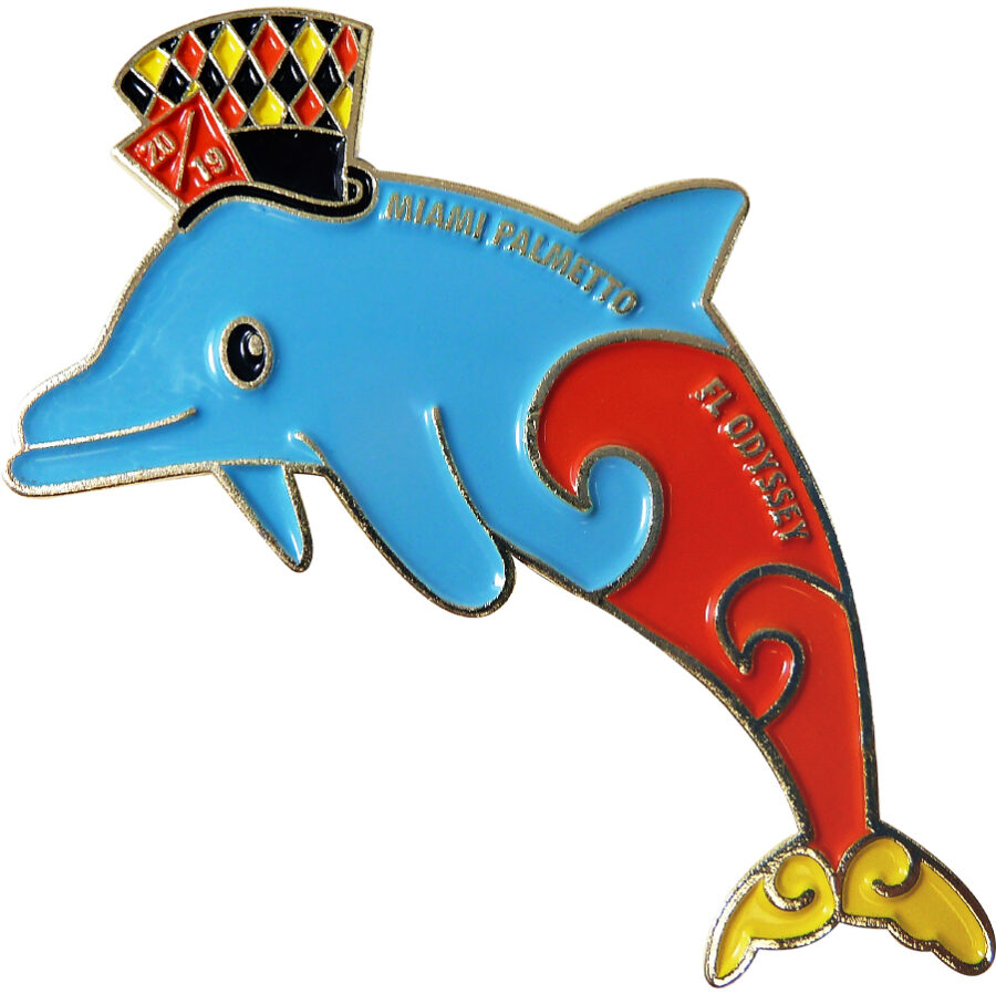 Custom Odyssey of the Mind Trading Pins of a Dolphin like Mad Hatter