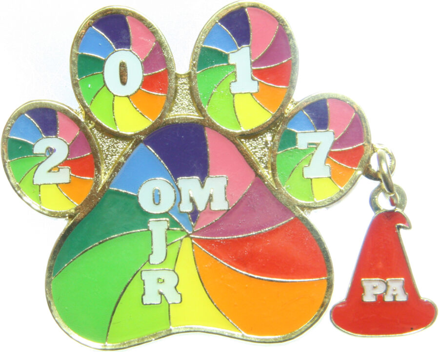 Custom Odyssey of the Mind Trading Pins of a Rainbow Paw Print with a Red Hat Dangler