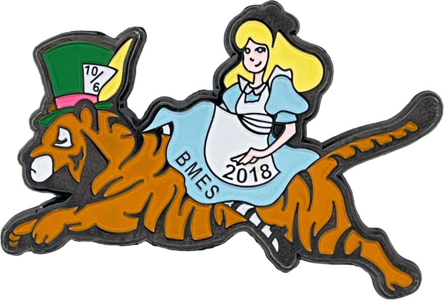 creative Odyssey of the Mind pin designs of Alice in Wonderland on Tiger with Mad Hatter Hat