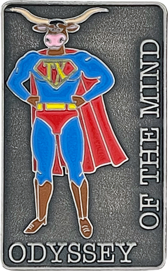 creative Odyssey of the Mind pin designs of Longhorns Superman Enamel Pin